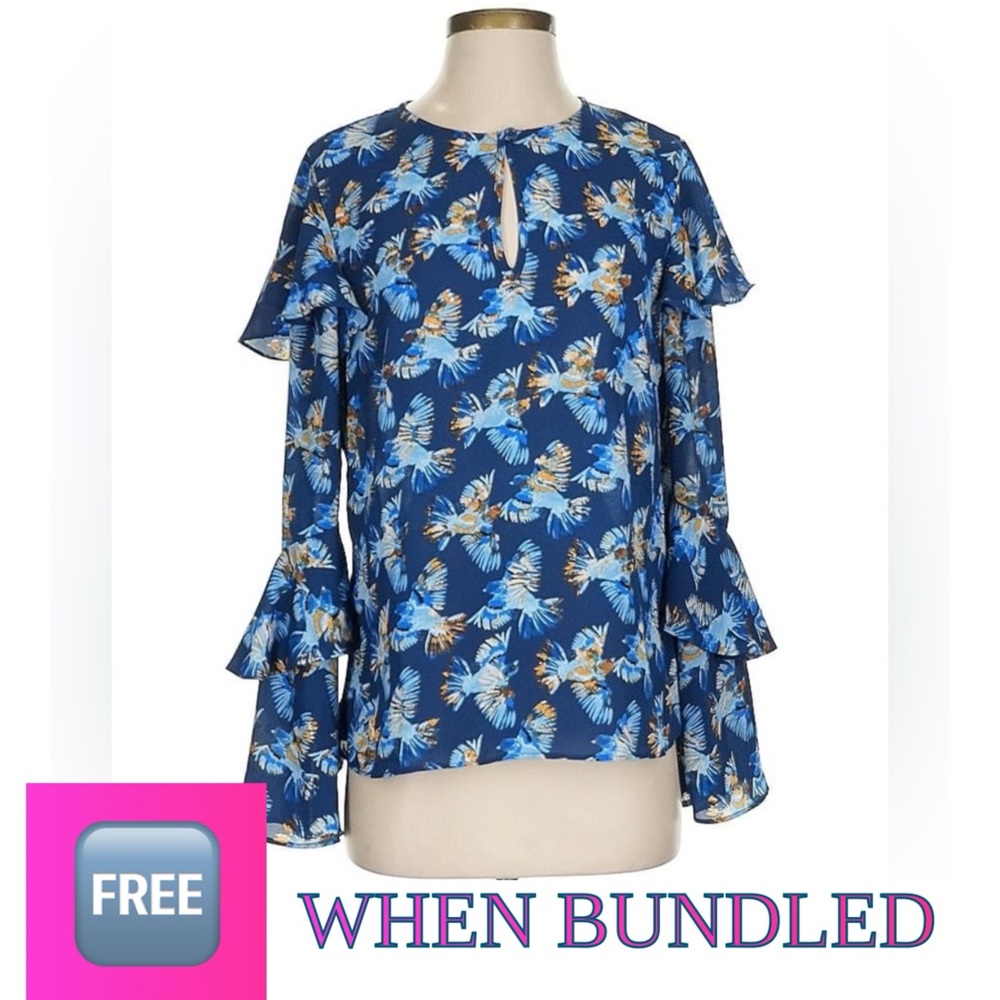🆓 FREE When Bundled - Finn & Grace Blue Graphic Bird Print Blouse with Ruffles